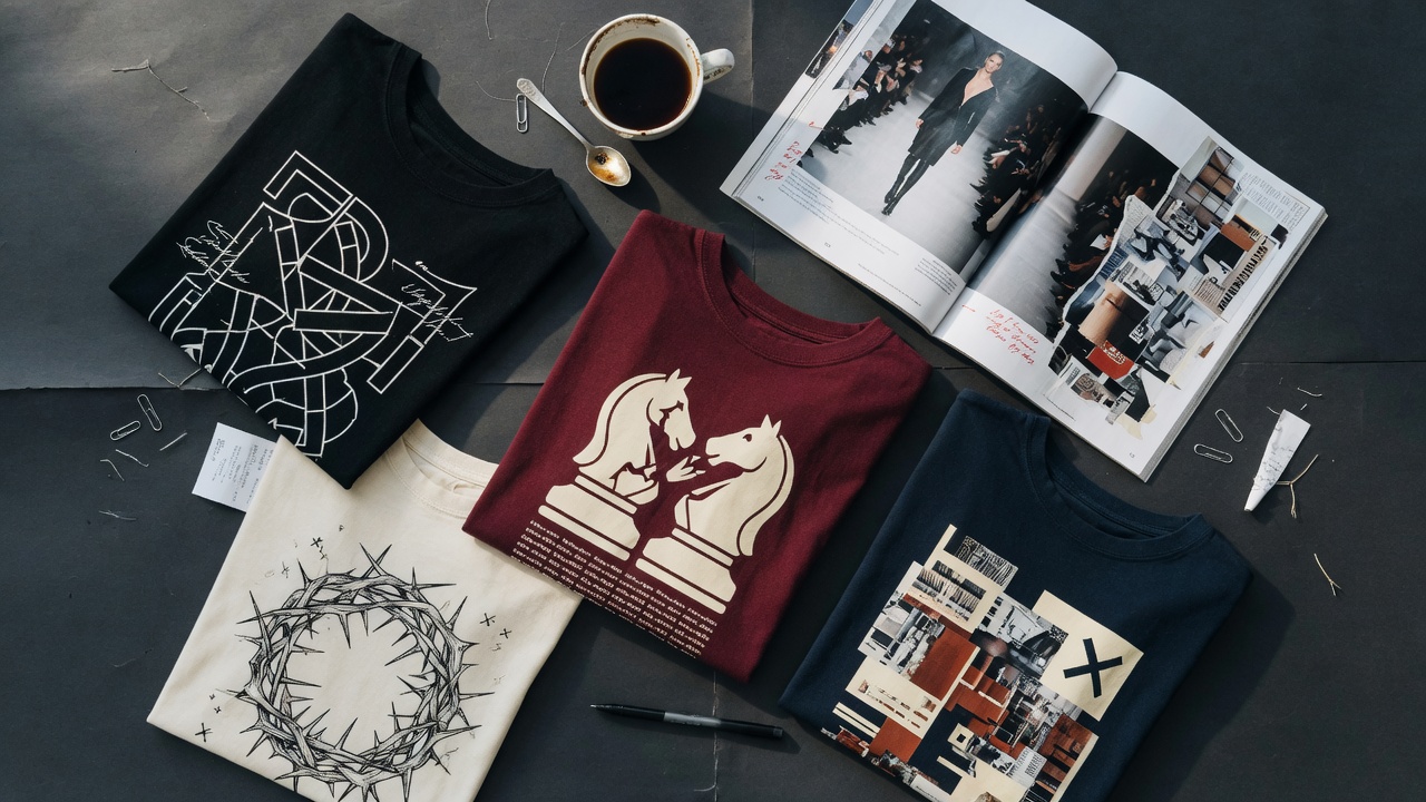 Lookbook de t-shirts graphiques originaux sur une table de rédaction