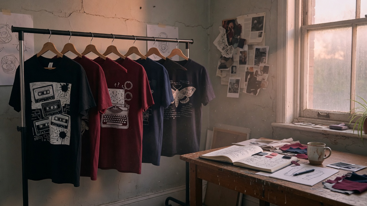 Studio indépendant : rail de t-shirts graphiques à la lumière du soir